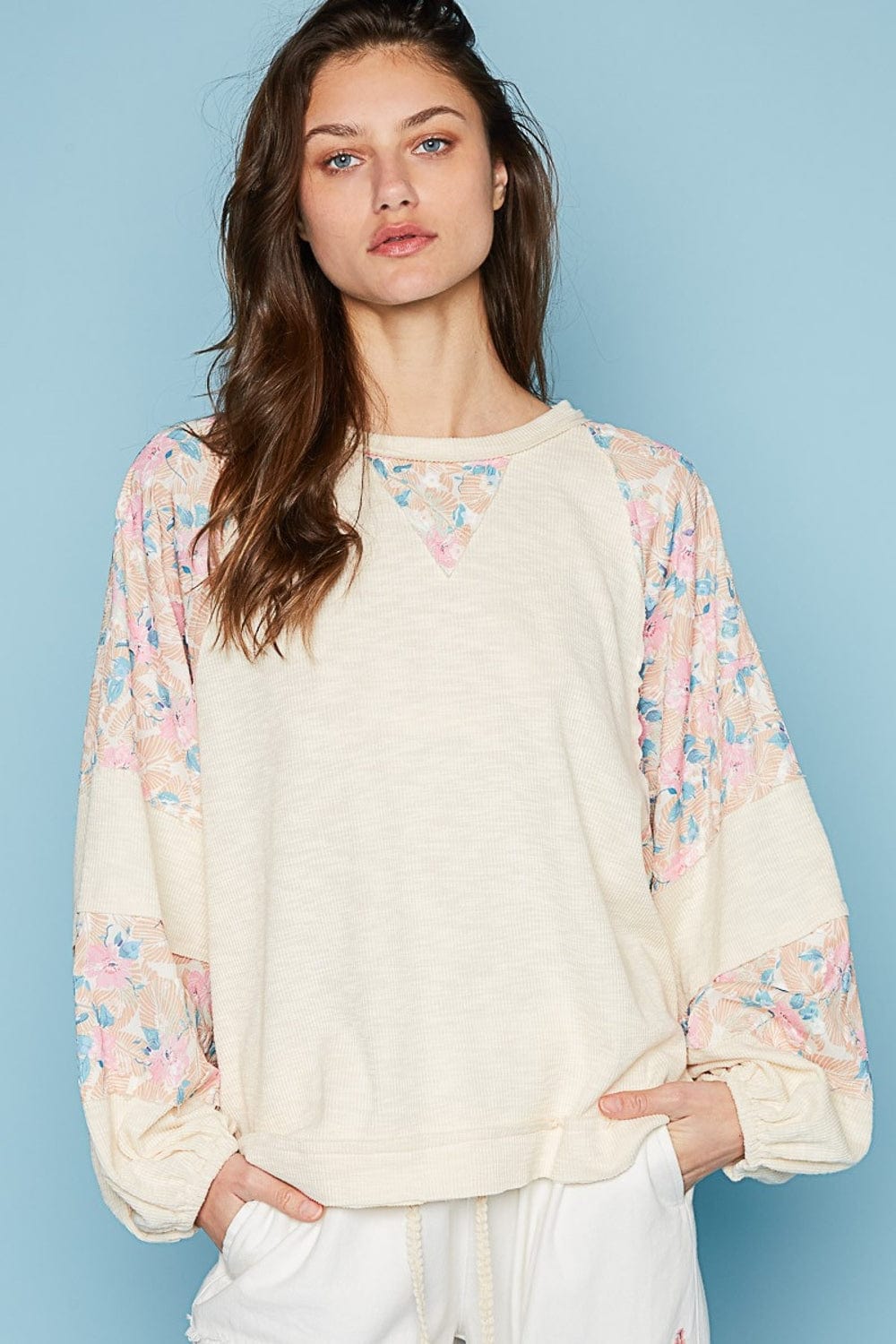 POL Round Neck Balloon Floral Long Sleeve Top - Trendsi