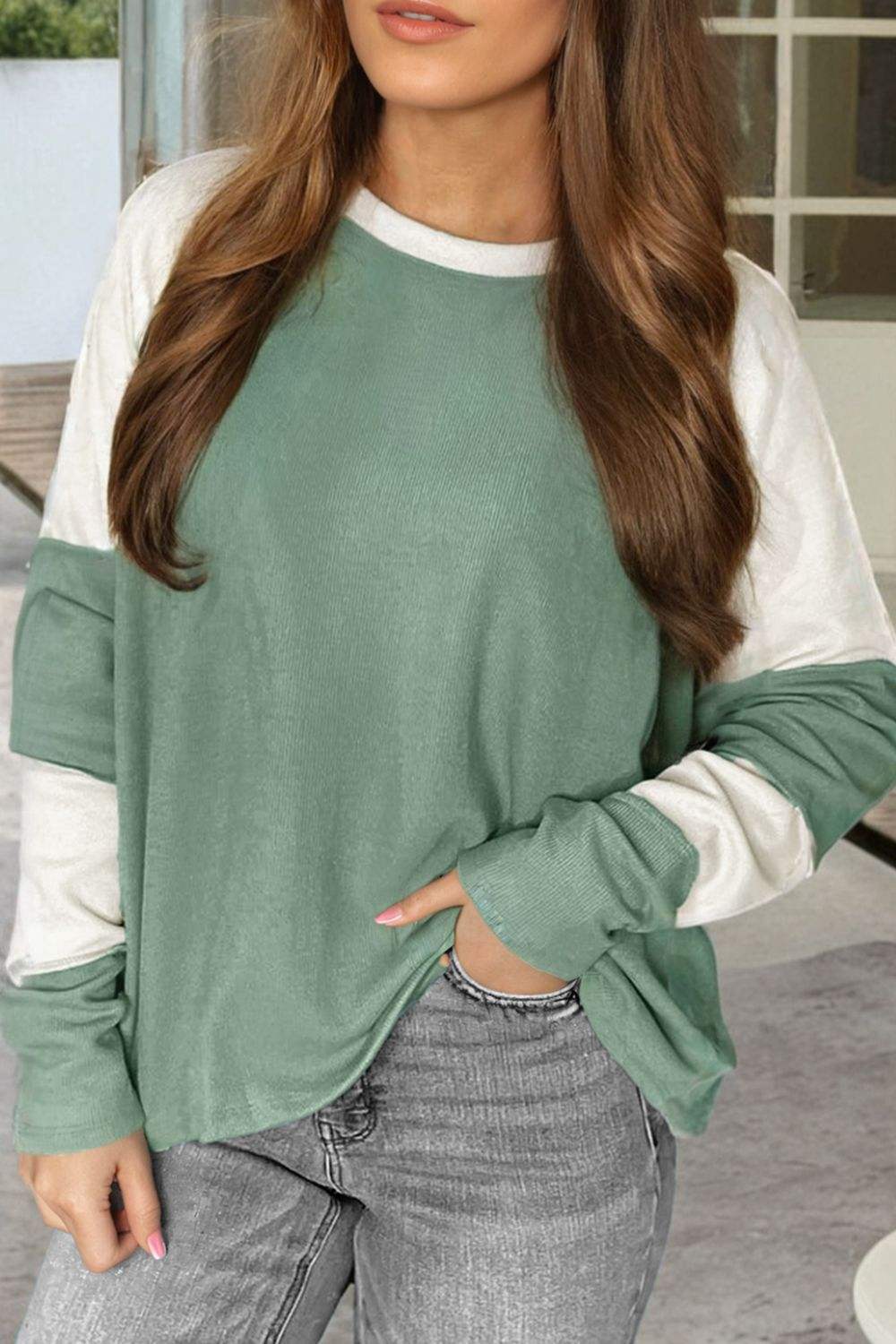 Color Block Round Neck Raglan Sleeve Top - Trendsi - Flyclothing LLC