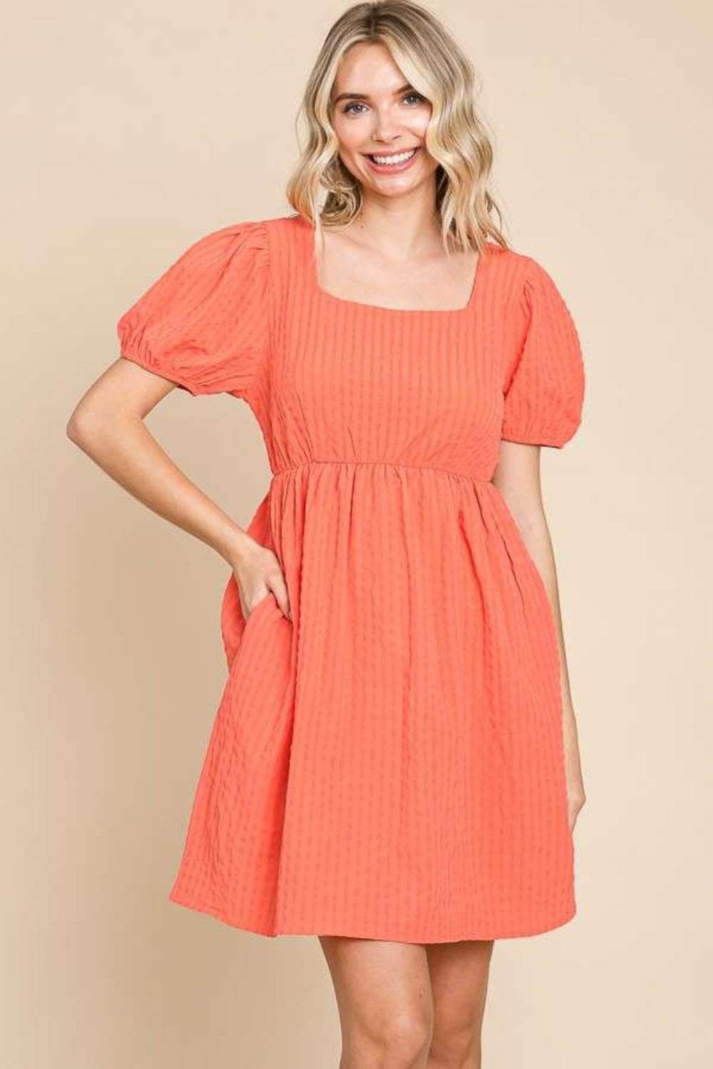 Culture Code Textured Square Neck Short Sleeve Dress - Trendsi - Flyclothing LLC