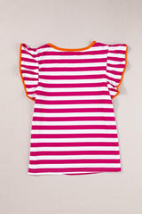 Ruffled Striped Round Neck Cap Sleeve Blouse - Trendsi - Flyclothing LLC