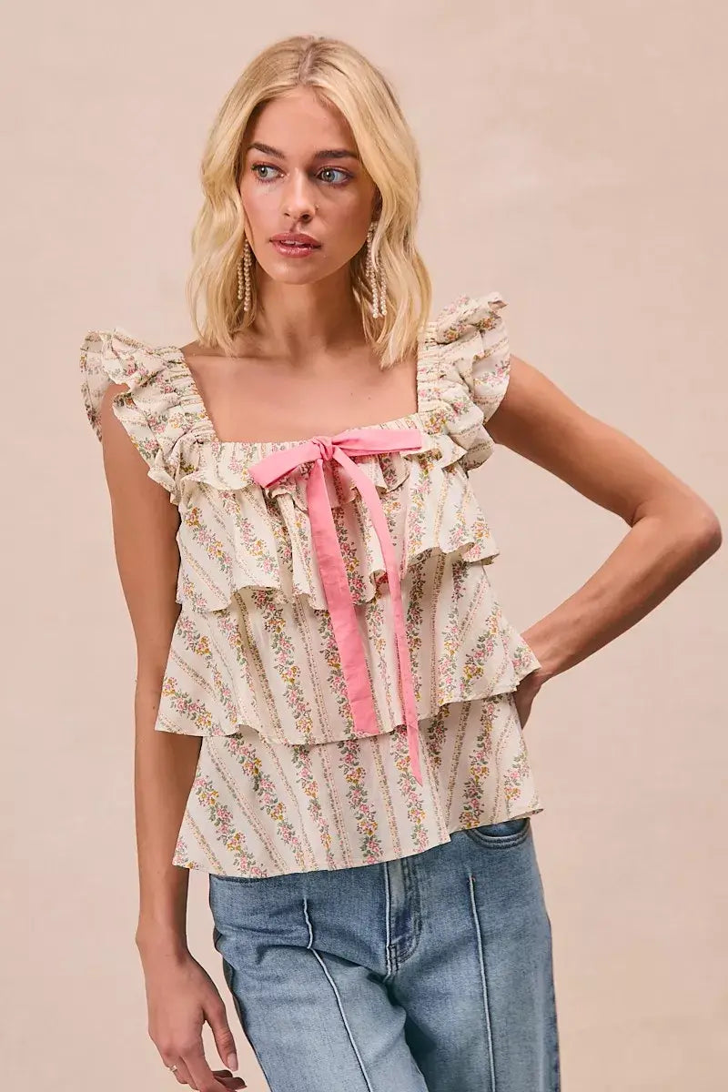 BiBi Floral Printed Woven Front Bow Tied Ruffled Square Neck Sleeveless Top - Trendsi - Flyclothing LLC