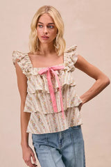 BiBi Floral Printed Woven Front Bow Tied Ruffled Square Neck Sleeveless Top - Trendsi - Flyclothing LLC