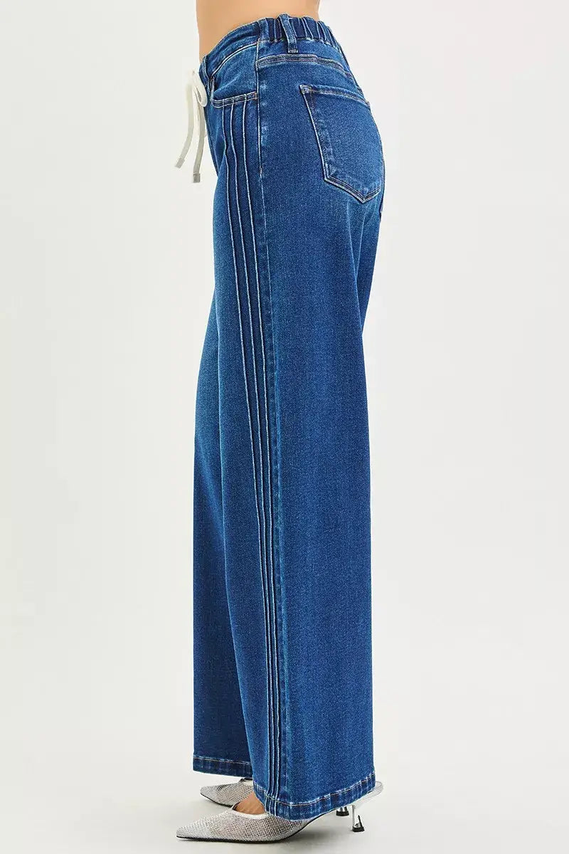 RISEN Full Size Mid Rise Wide Side Pintuck Jeans with Front Drawstring Plus Size - Trendsi - Flyclothing LLC