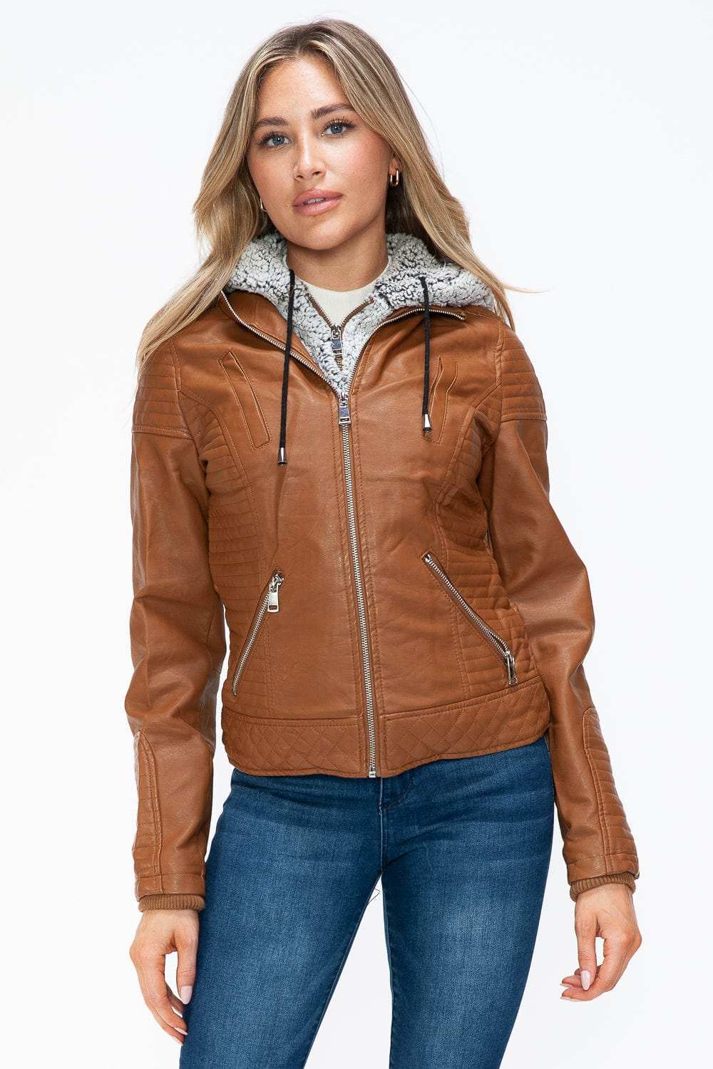 YMI Faux Layered Double-Zipper Jacket with Fuzzy Hood - Trendsi - Flyclothing LLC