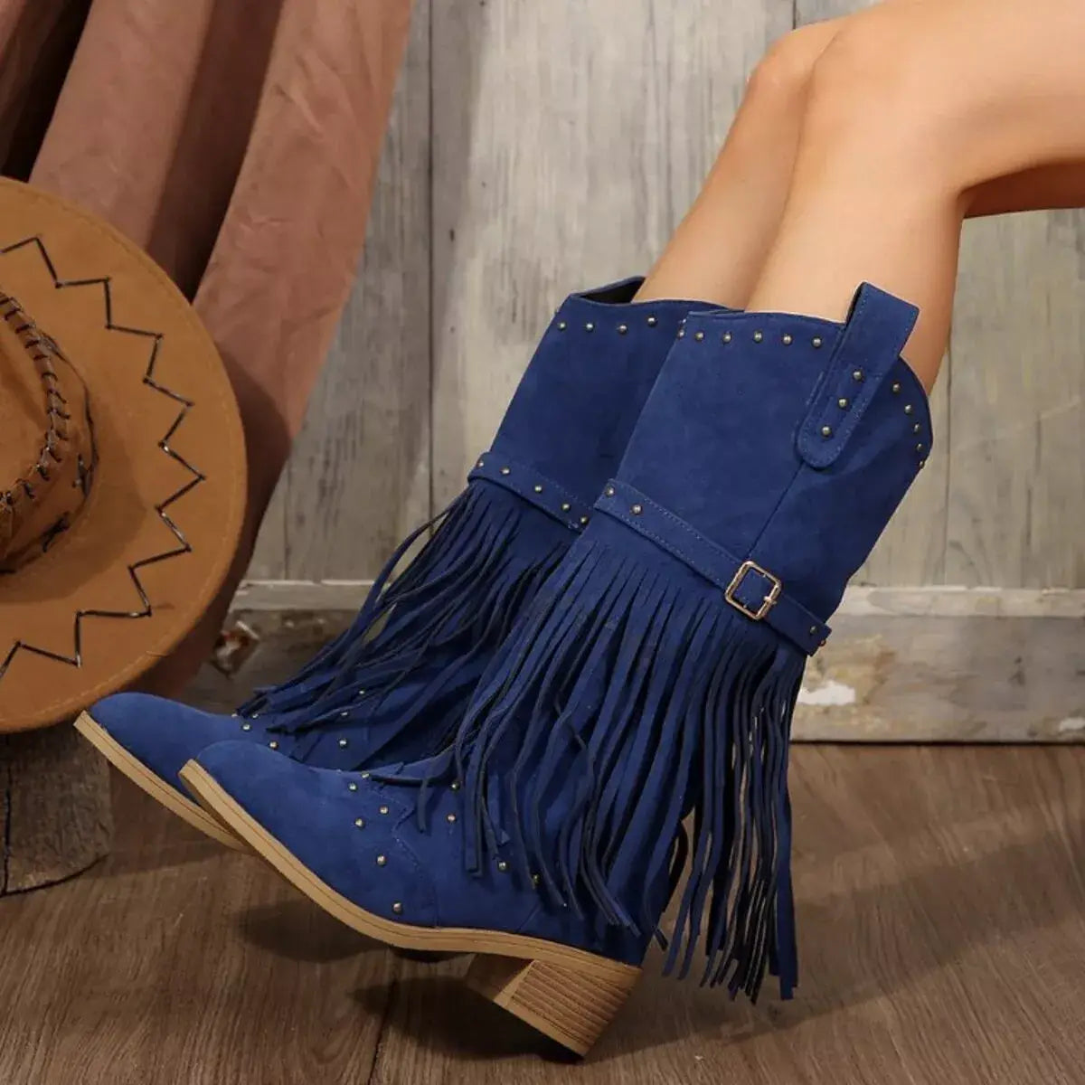 Fringe Point Toe Block Heels Boots - Trendsi - Flyclothing LLC
