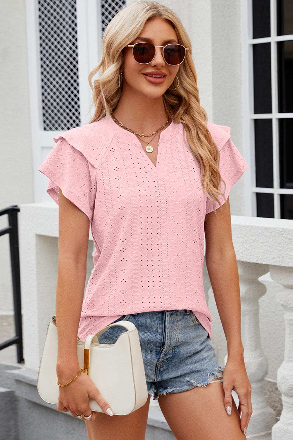 Eyelet Notched Flutter Sleeve T-Shirt - Trendsi - Flyclothing LLC