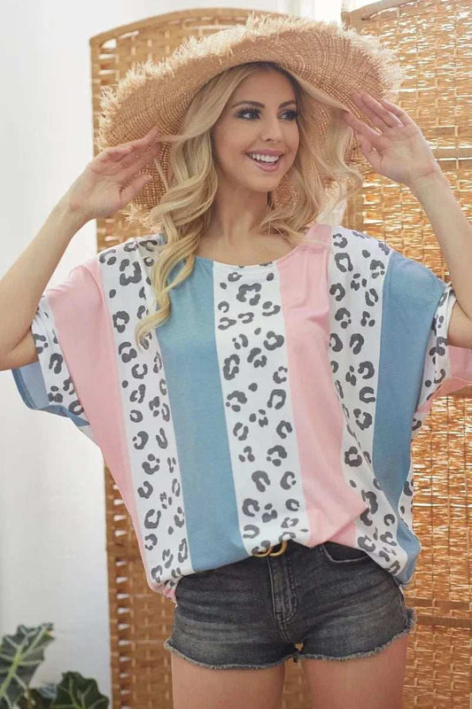 BiBi Leopard Stripe Printed French Terry Oversized Top - Trendsi - Flyclothing LLC