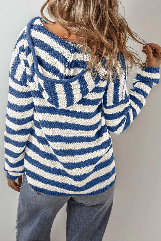 Drawstring Striped Long Sleeve Hooded Sweater - Trendsi - Flyclothing LLC