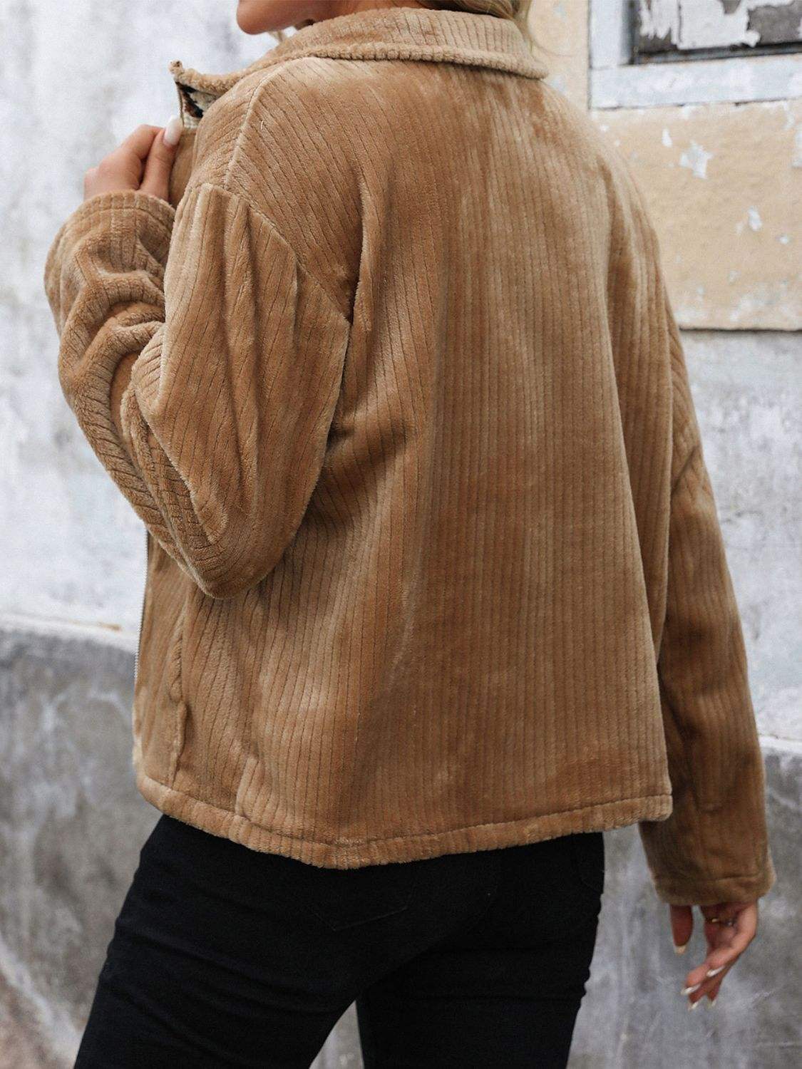 Perfee Pocketed Zip Up Collared Neck Long Sleeve Jacket - Trendsi - Flyclothing LLC
