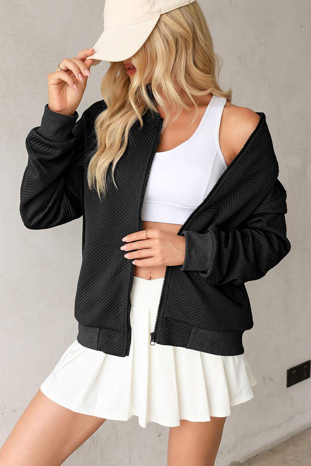 Texture Zip Up Baseball Collar Long Sleeve Jacket - Trendsi - Flyclothing LLC