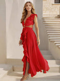 Cutout Ruffled Cap Sleeve Maxi Dress - Trendsi - Flyclothing LLC