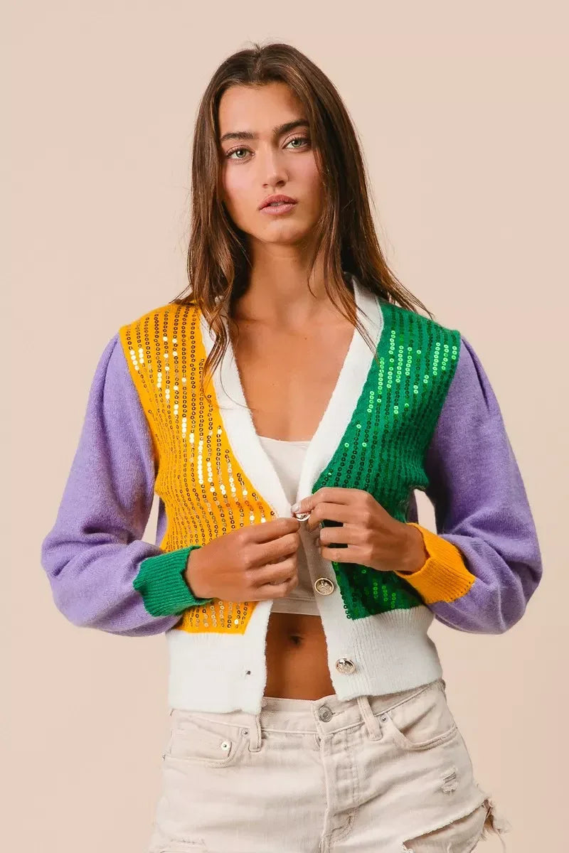 BiBi Mardi Gras Color Block Sequin Sweater Cardigan - Trendsi - Flyclothing LLC