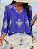 Printed V-Neck Three-Quarter Sleeve Blouse - Trendsi - Flyclothing LLC