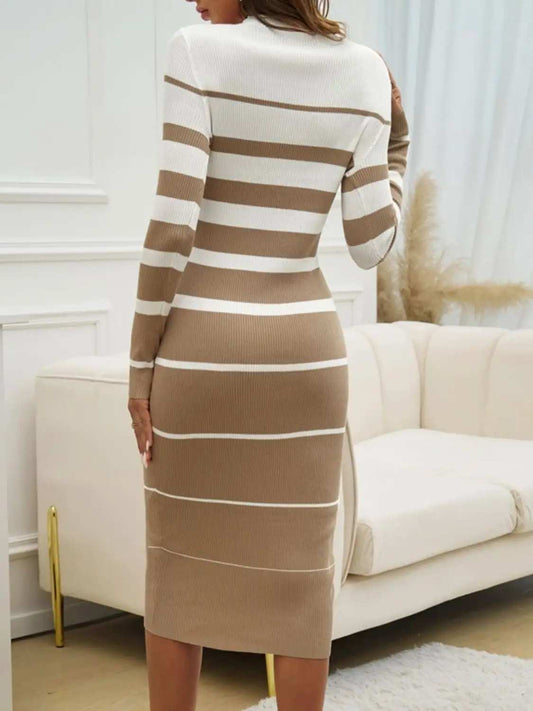 Color Block Round Neck Long Sleeve Midi Dress - Trendsi - Flyclothing LLC