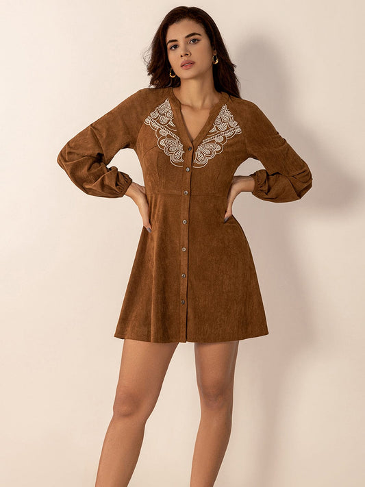 Notched Button Down Long Sleeve Mini Dress - Trendsi