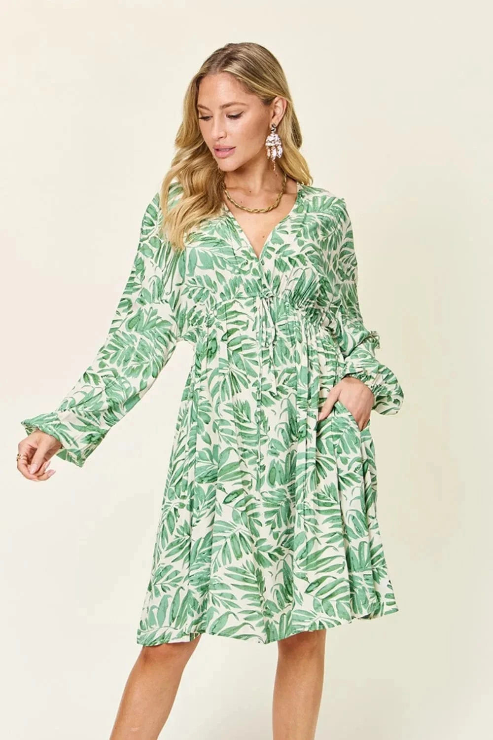 Double Take Full Size Printed Ruched Balloon Sleeve Dress - Trendsi