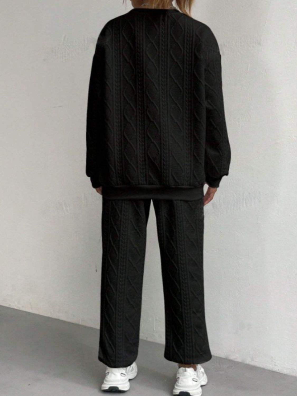 Texture Round Neck Long Sleeve Top and Pants Set - Trendsi - Flyclothing LLC
