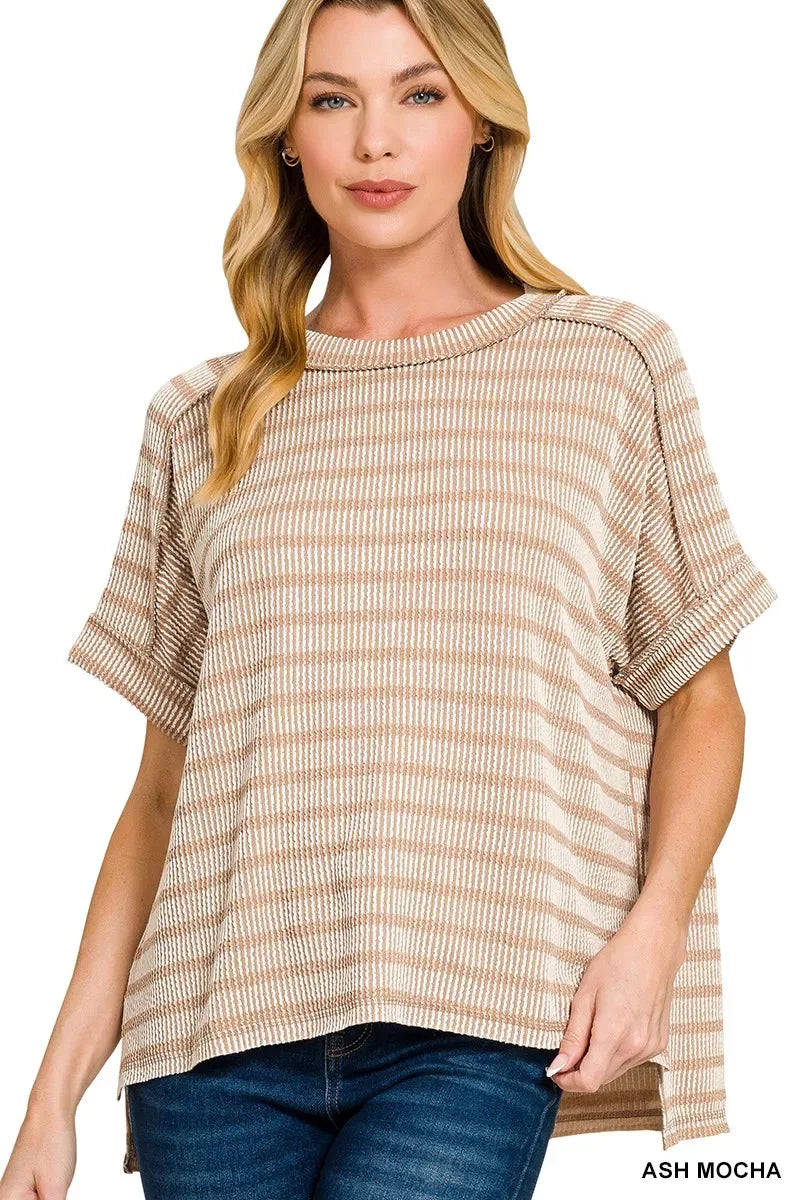 Zenana Raised Rib Striped Exposed Seam Top - Trendsi - Flyclothing LLC