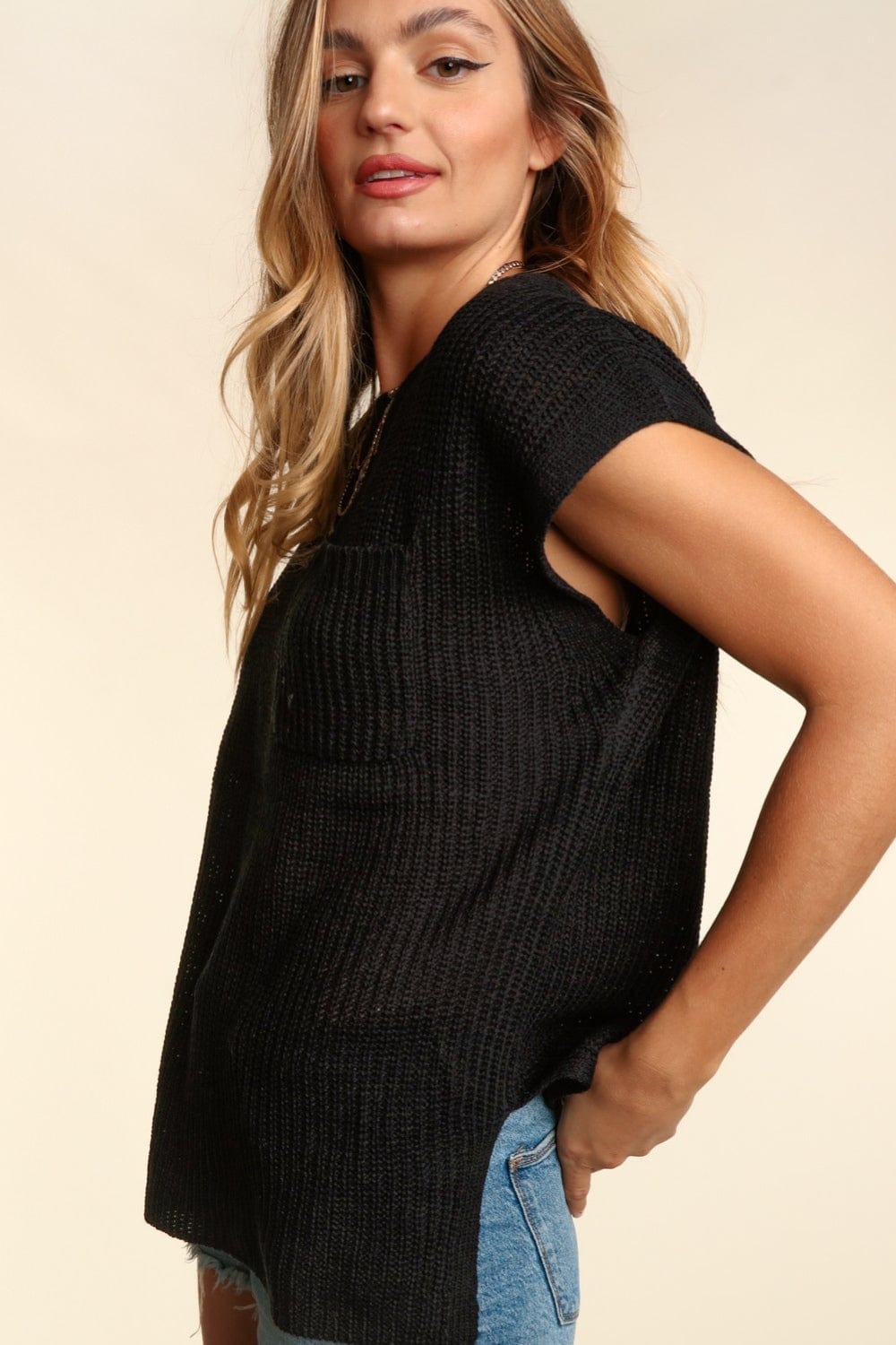 Haptics Pocketed Round Neck Cap Sleeve Knit Top - Trendsi