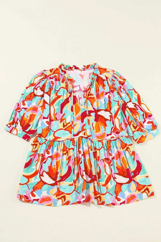 Printed Tie Neck Half Sleeve Blouse - Trendsi - Flyclothing LLC