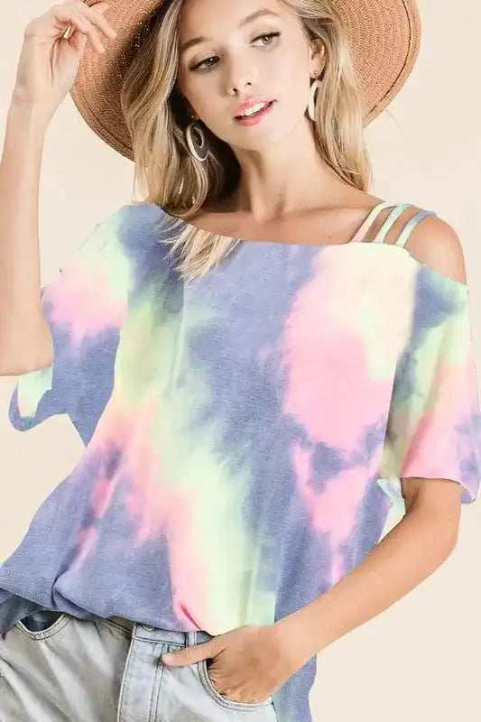 BiBi Tie Dye French Terry Strapped One Shoulder Top - Trendsi - Flyclothing LLC