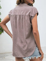 Plaid Button Up Cap Sleeve Shirt - Trendsi - Flyclothing LLC