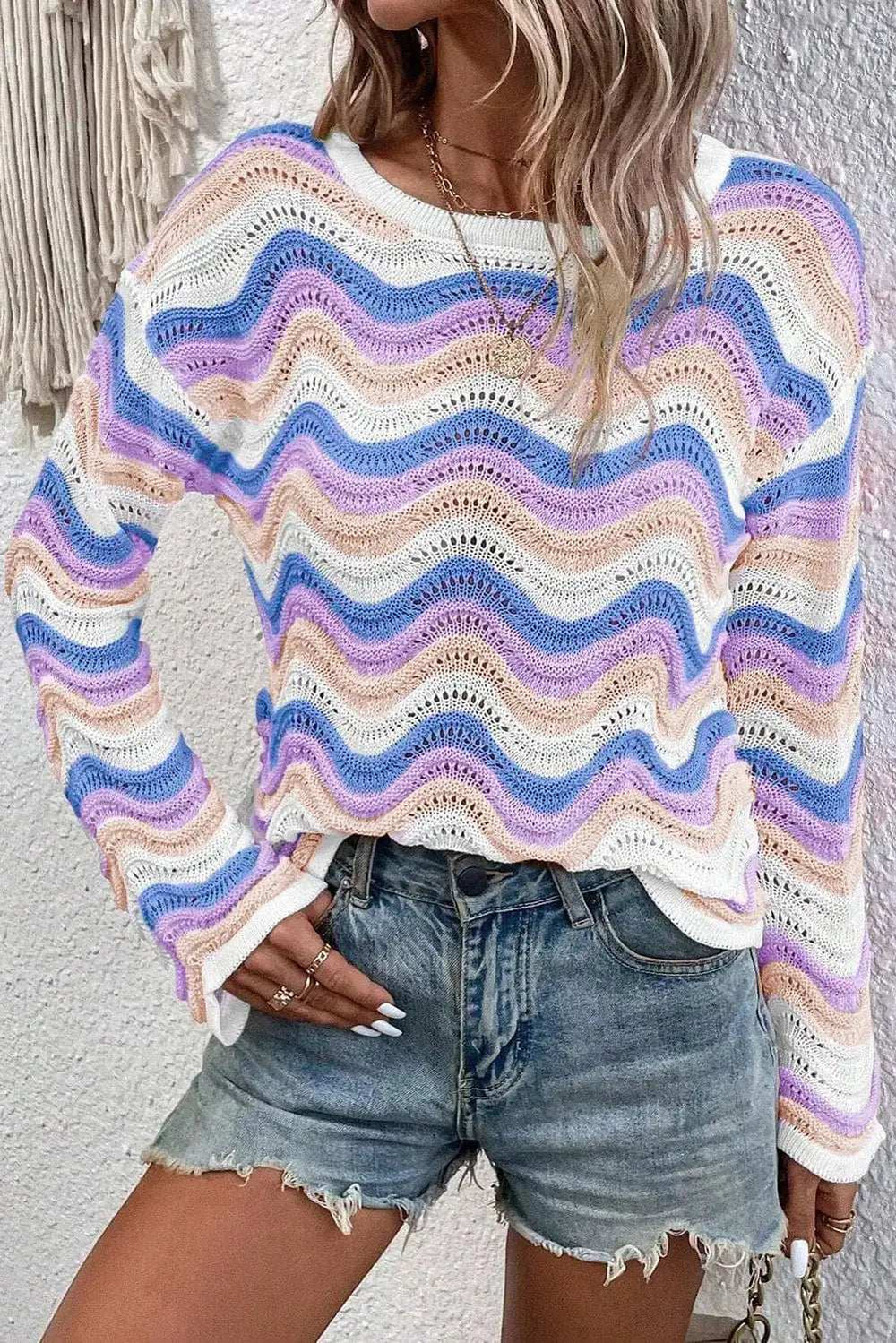 Contrast Wave Stripe Long Sleeve Sweater - Trendsi - Flyclothing LLC