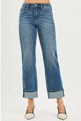 RISEN Full Size 4 Way Stretch Slouchy Straight Jeans with Cuffed Hem Plus Size - Trendsi - Flyclothing LLC