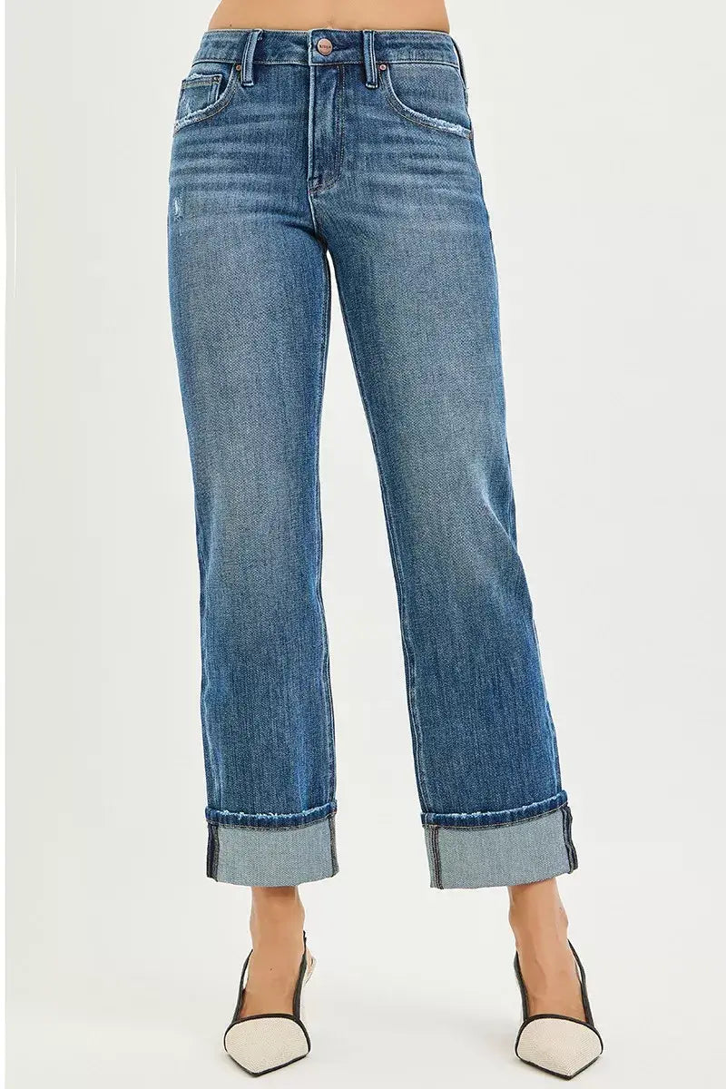 RISEN Full Size 4 Way Stretch Slouchy Straight Jeans with Cuffed Hem Plus Size - Trendsi - Flyclothing LLC