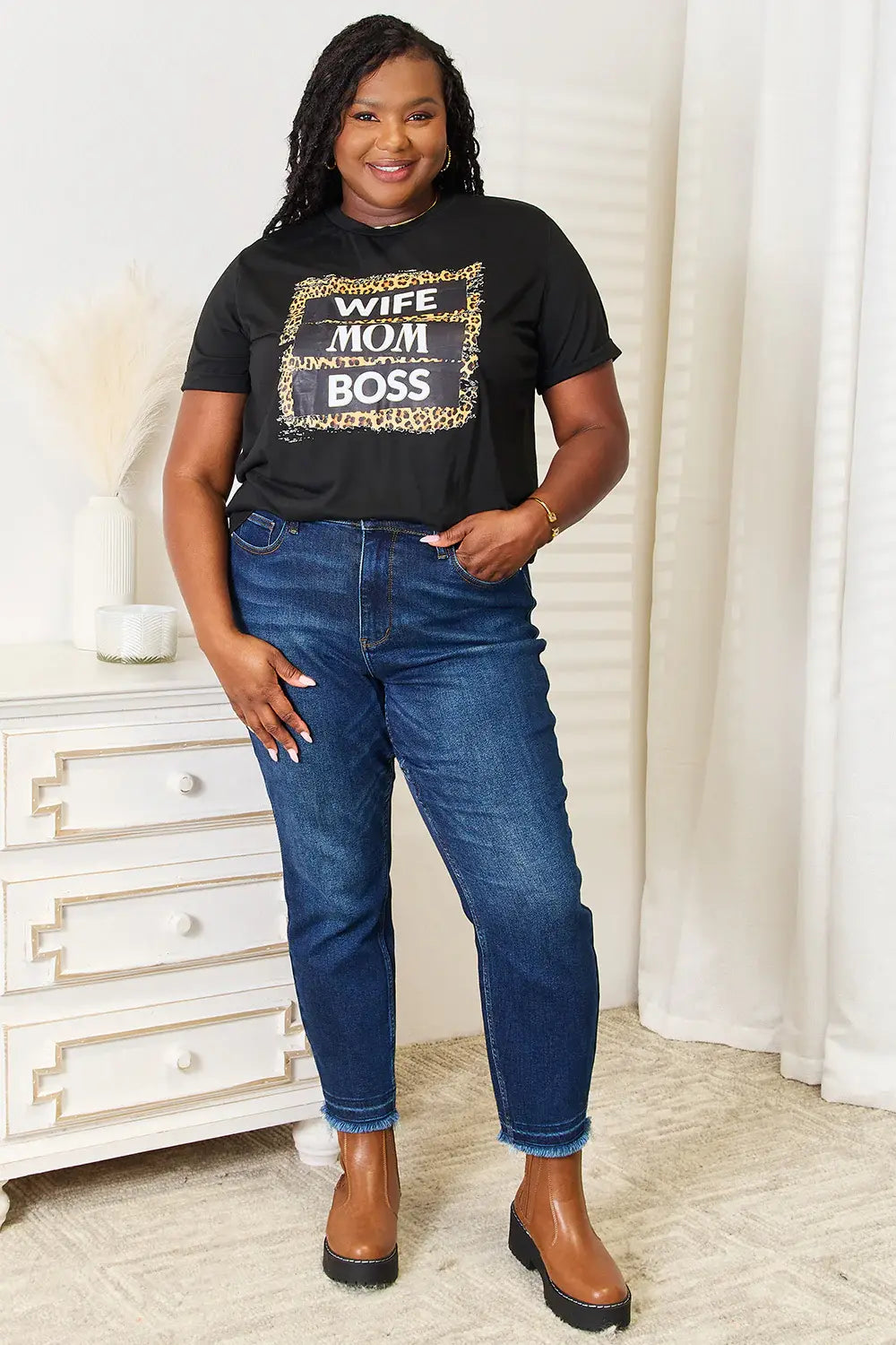 Simply Love WIFE MOM BOSS Leopard Graphic T-Shirt - Trendsi - Flyclothing LLC