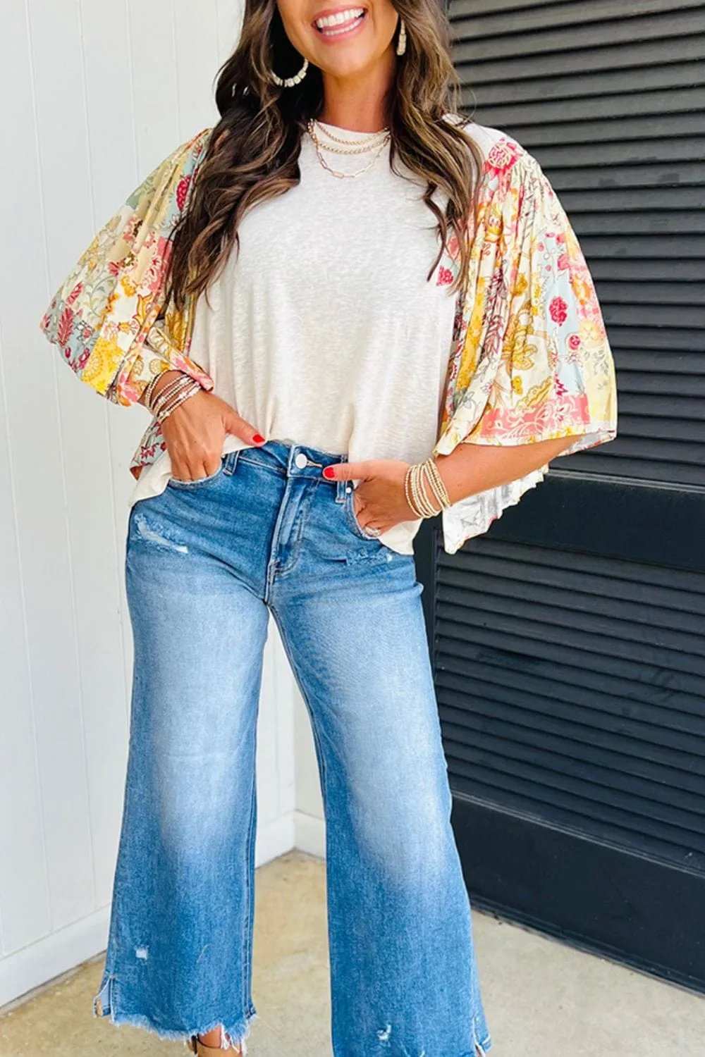 Printed Round Neck Flutter Sleeve Blouse - Trendsi - Flyclothing LLC