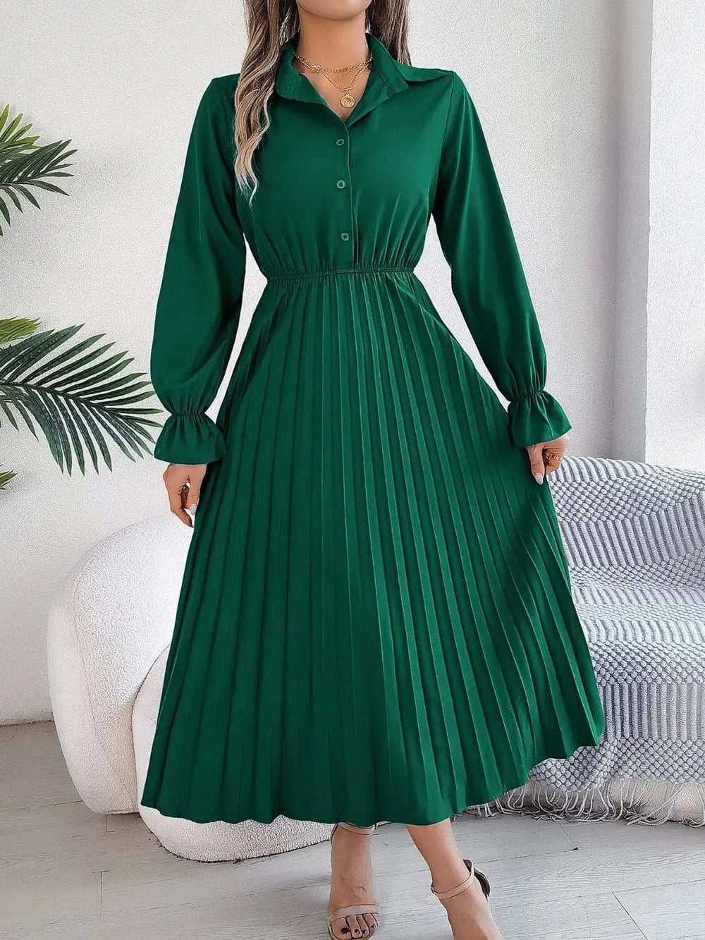 Pleated Half Button Long Sleeve Midi Dress - Trendsi - Flyclothing LLC