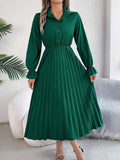 Pleated Half Button Long Sleeve Midi Dress - Trendsi - Flyclothing LLC