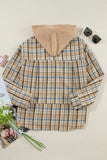 Drawstring Waffle Knit Patchwork Hooded Plaid Shacket - Trendsi - Flyclothing LLC