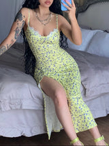 Floral Print Lace Trim Slit Midi Dress - Trendsi - Flyclothing LLC