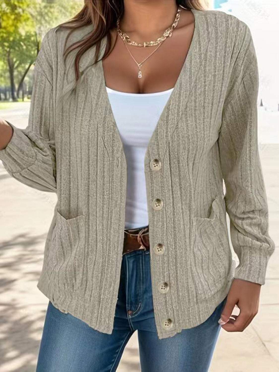 Full Size Button Up V-Neck Long Sleeve Cardigan - Trendsi - Flyclothing LLC