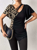 Ruched Leopard Flutter Sleeve T-Shirt - Trendsi - Flyclothing LLC