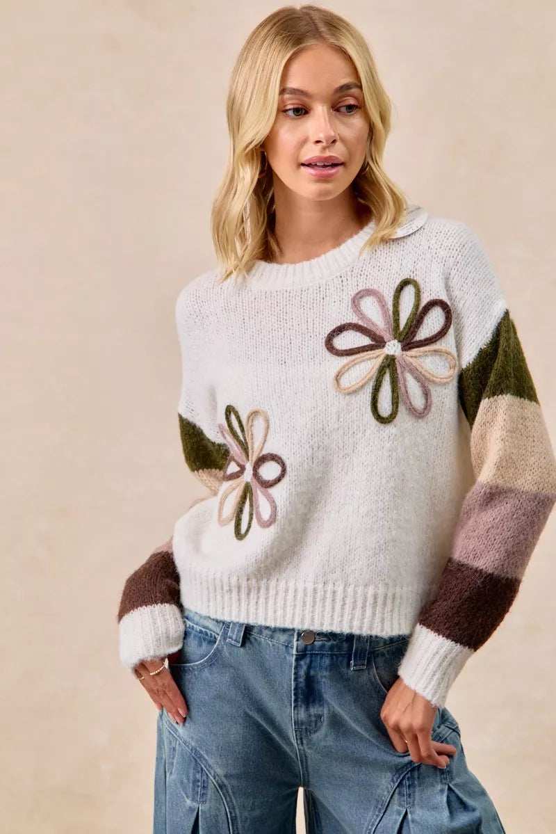 BiBi Flower Color Block Sweater - Trendsi - Flyclothing LLC