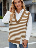 Slit V-Neck Striped Sweater Vest - Trendsi - Flyclothing LLC