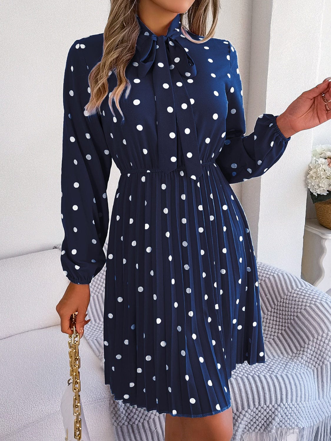 Polka Dot Tie Neck Pleated Dress - Trendsi