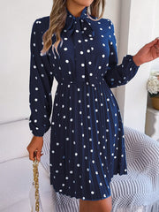 Polka Dot Tie Neck Pleated Dress - Trendsi