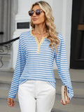 Striped Notched Long Sleeve T-Shirt - Trendsi
