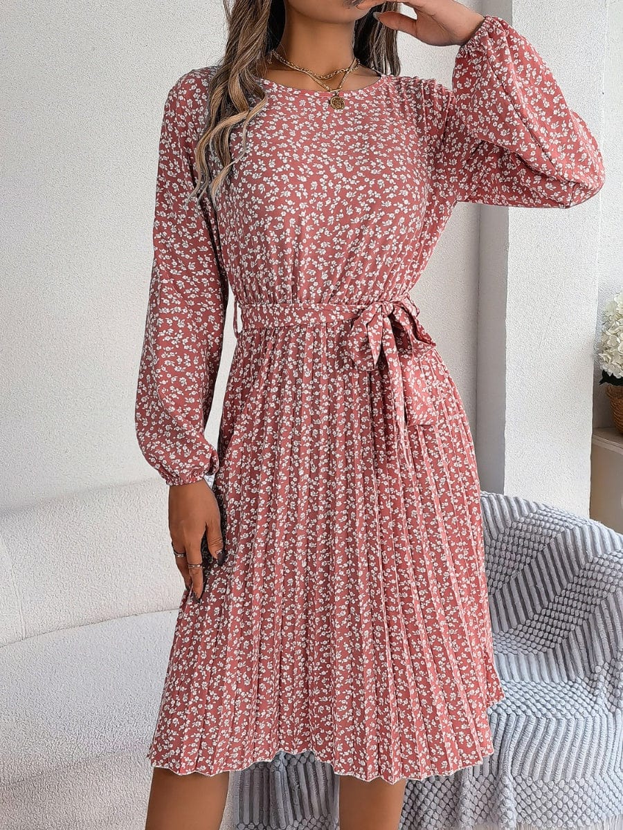 Ditsy Floral Tie Waist Pleated Dress - Trendsi