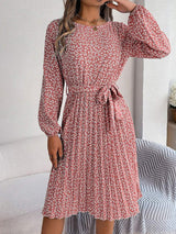 Ditsy Floral Tie Waist Pleated Dress - Trendsi - Flyclothing LLC