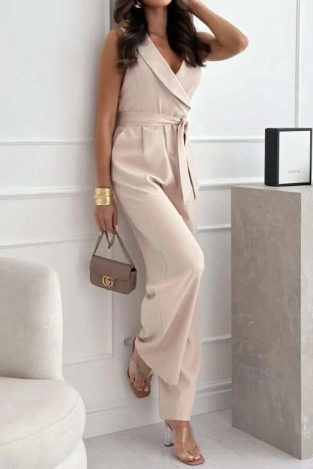 Surplice Sleeveless Wide Leg Jumpsuit - Trendsi - Flyclothing LLC
