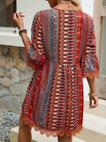 Lace Trim Printed V-Neck 3/4 Sleeve Dress - Trendsi