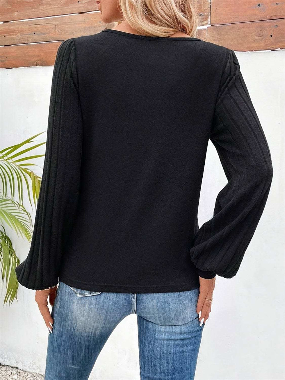 Contrast V-Neck Long Sleeve T-Shirt - Trendsi - Flyclothing LLC