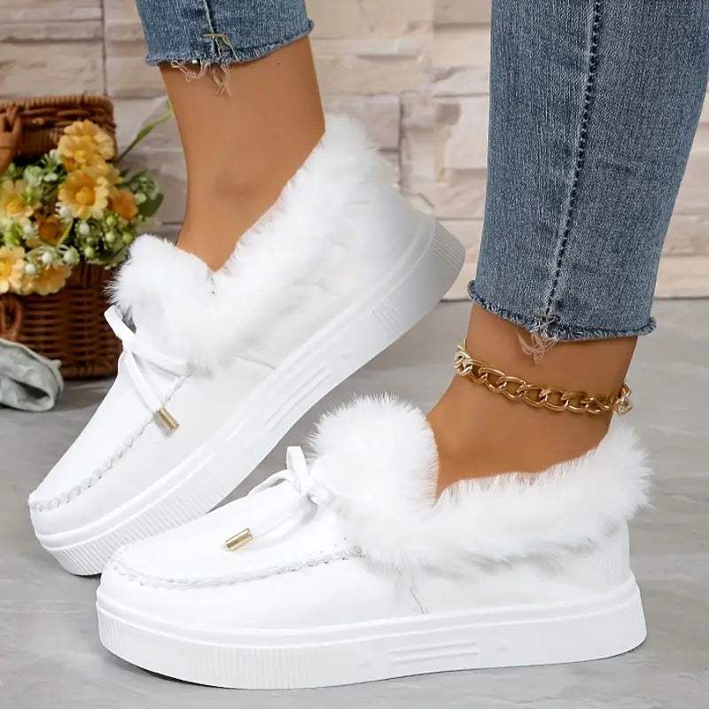 Bow Furry Round Toe Flat Slip-Ons - Trendsi - Flyclothing LLC