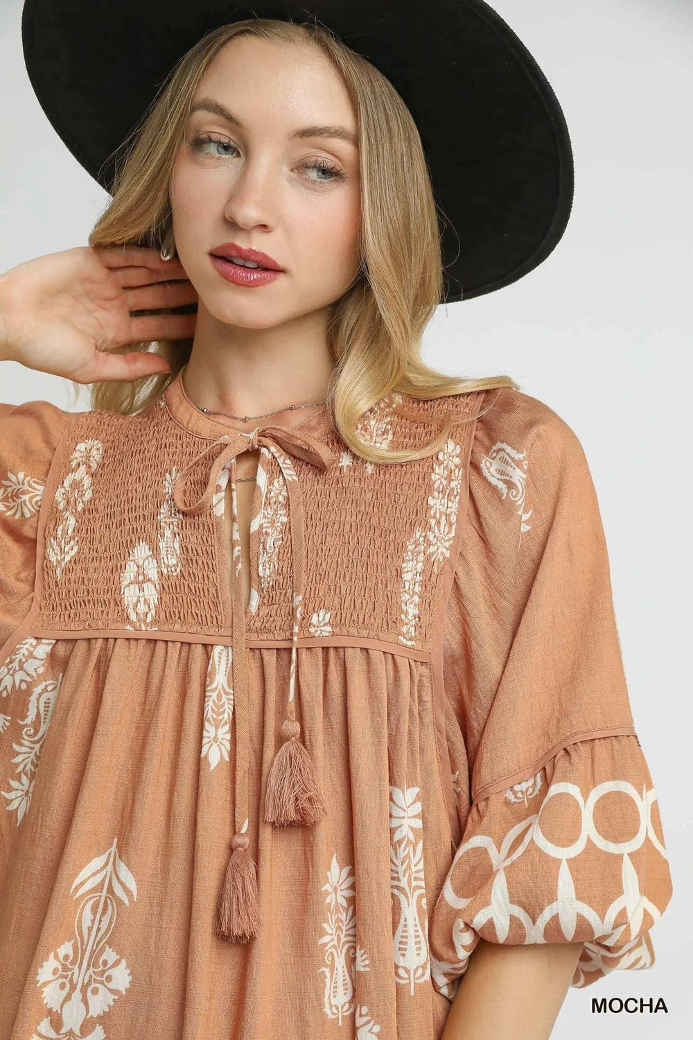 Umgee Boarder Print Tassel Tie Neck Mini Dress - Trendsi - Flyclothing LLC