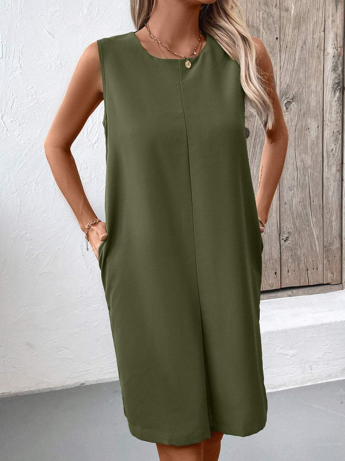 Pocketed Round Neck Sleeveless Mini Dress - Trendsi - Flyclothing LLC